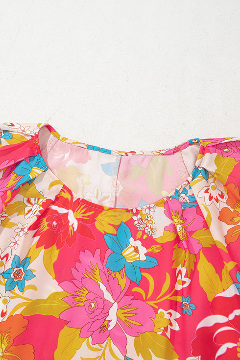 Charming Floral All Over Print Bubble Short Sleeve Summer Day Dress